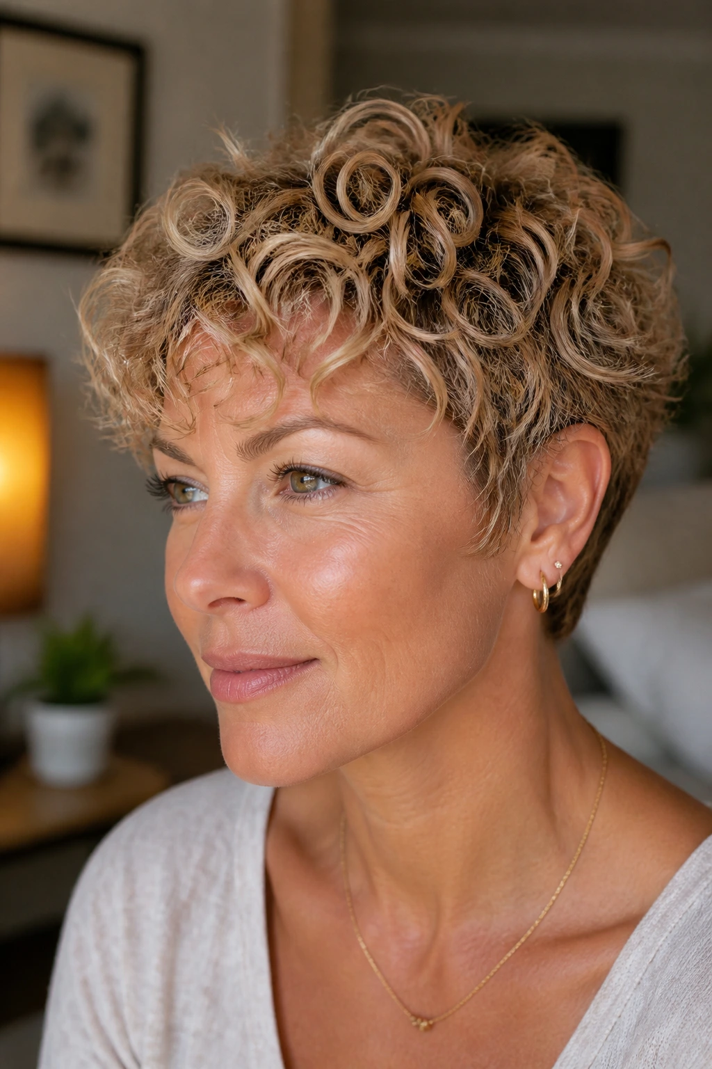 Close-up of a real person with sandy blonde babylights on curly pixie.