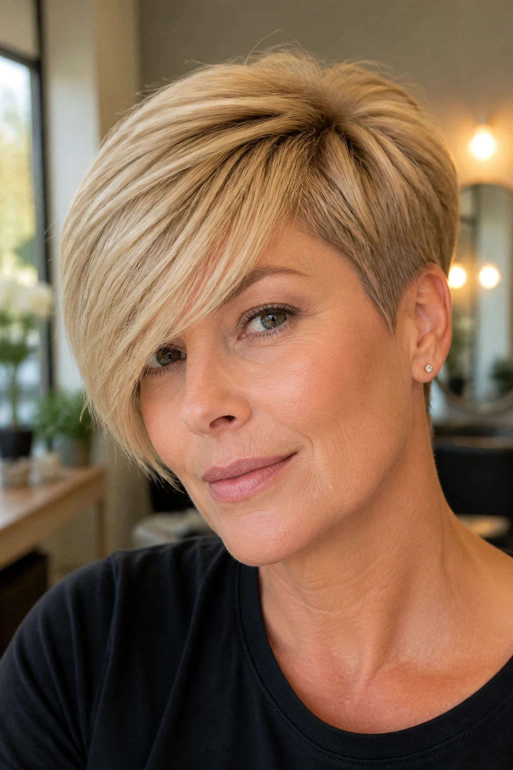 Close-up of a real woman with a sandy blonde asymmetrical pixie and sweeping bangs in a sunlit salon