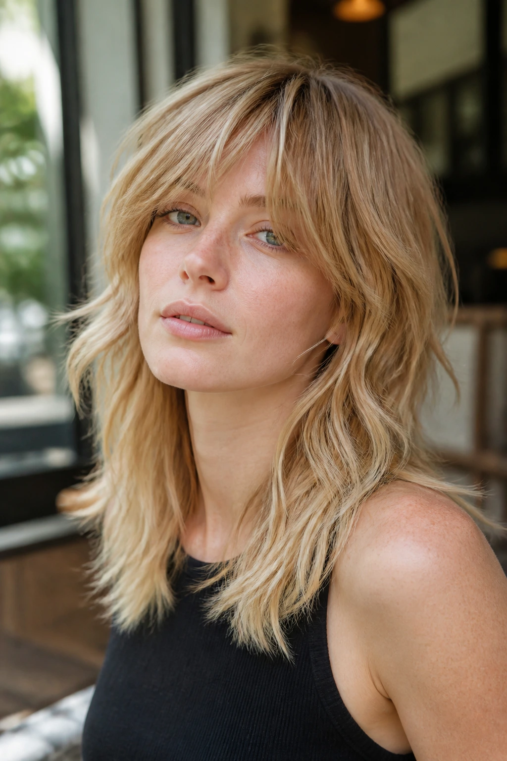 Close-up portrait of a woman with a sandy blonde shag haircut and beige crown