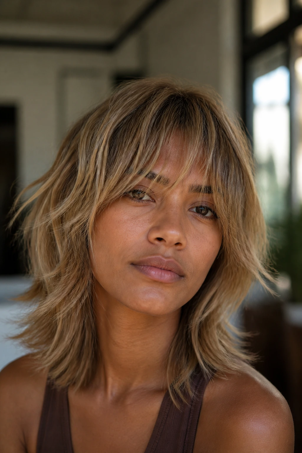 Portrait of a medium skin tone woman with sandy blonde shag hairstyle