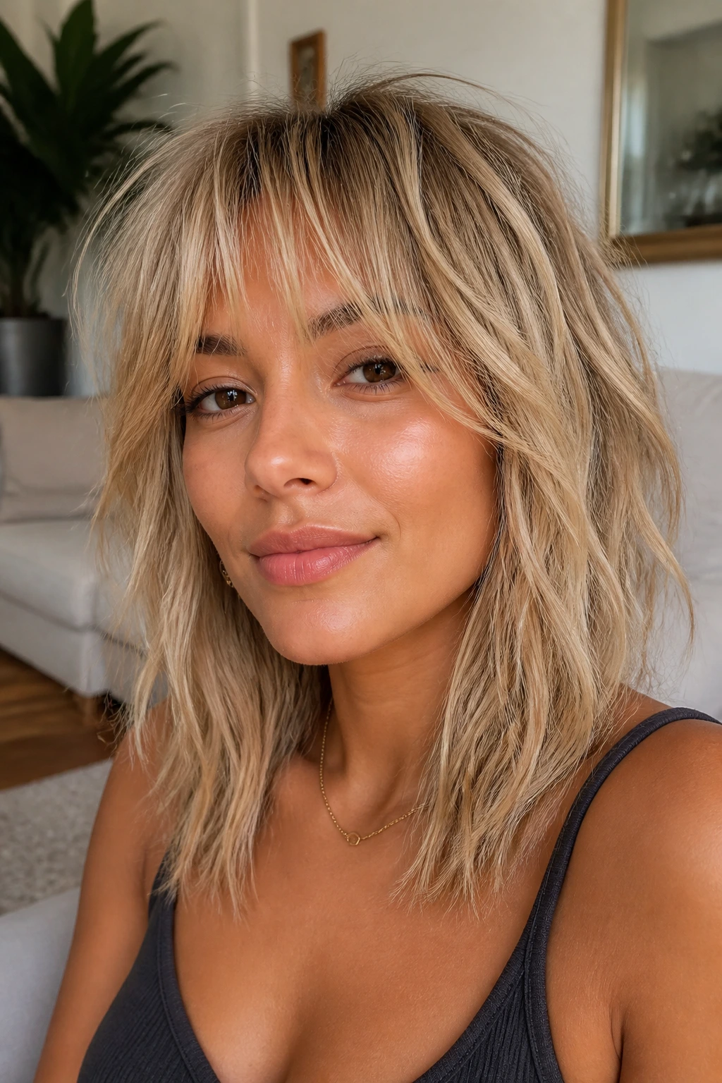 Close-up of a real woman with sandy blonde shag and airy fringe in natural daylight.