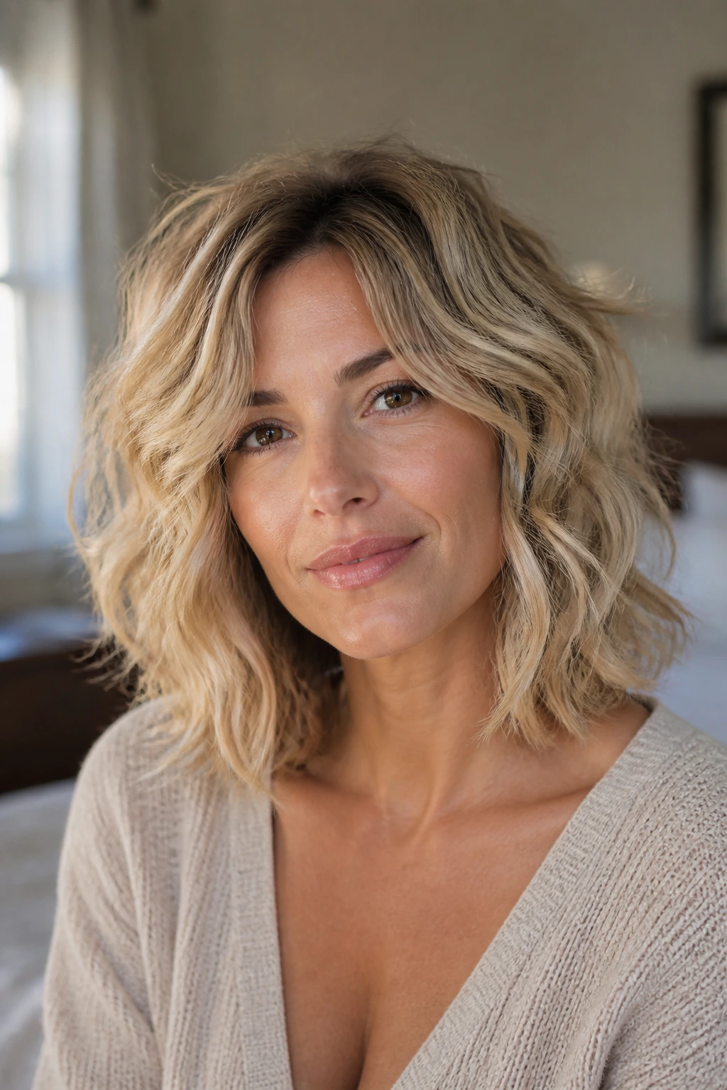 Close up portrait of a real woman with sandy blonde shag-lob and airy volume