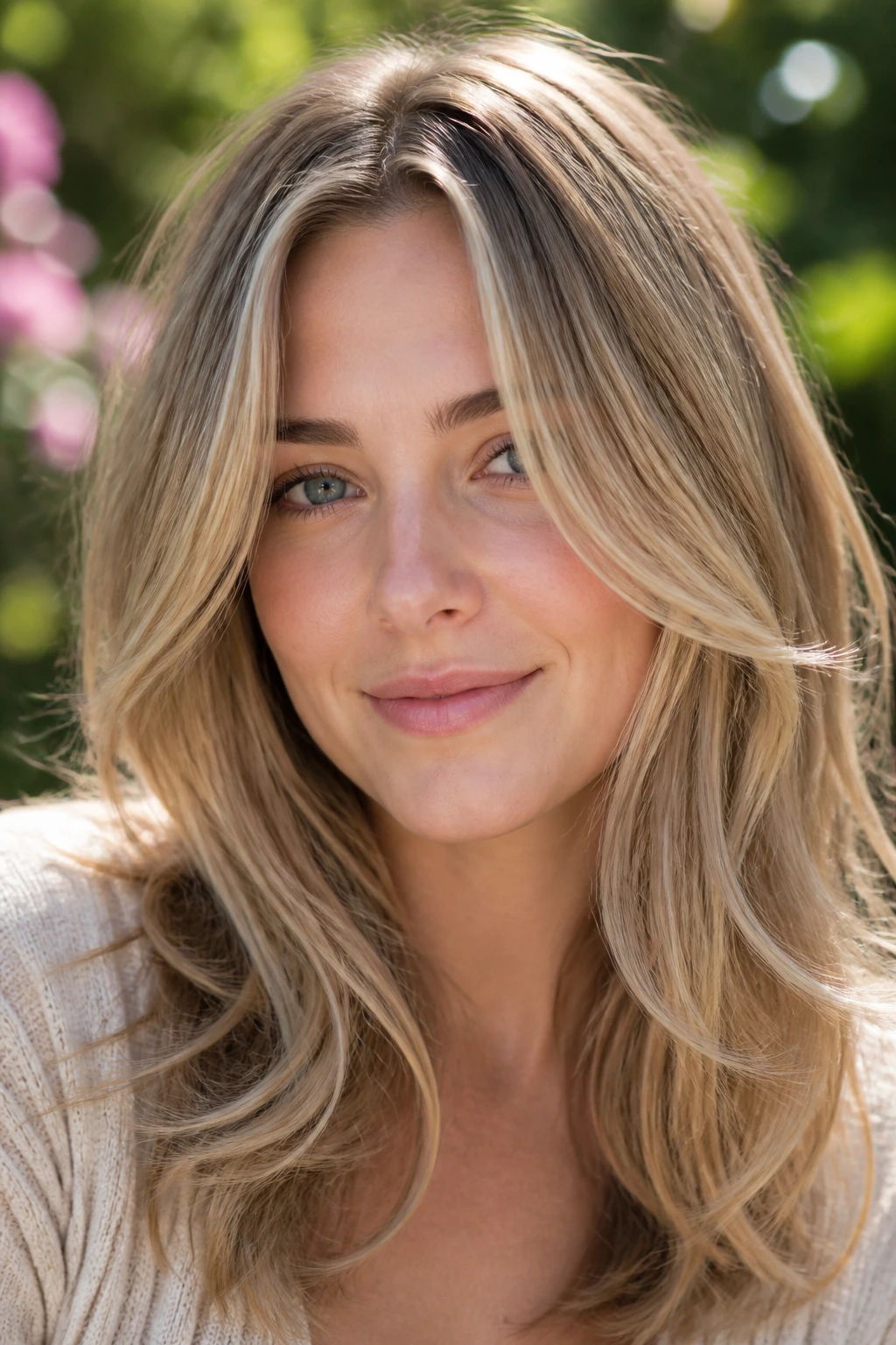 Portrait of a woman with sandy soft layered blonde hair on pale skin