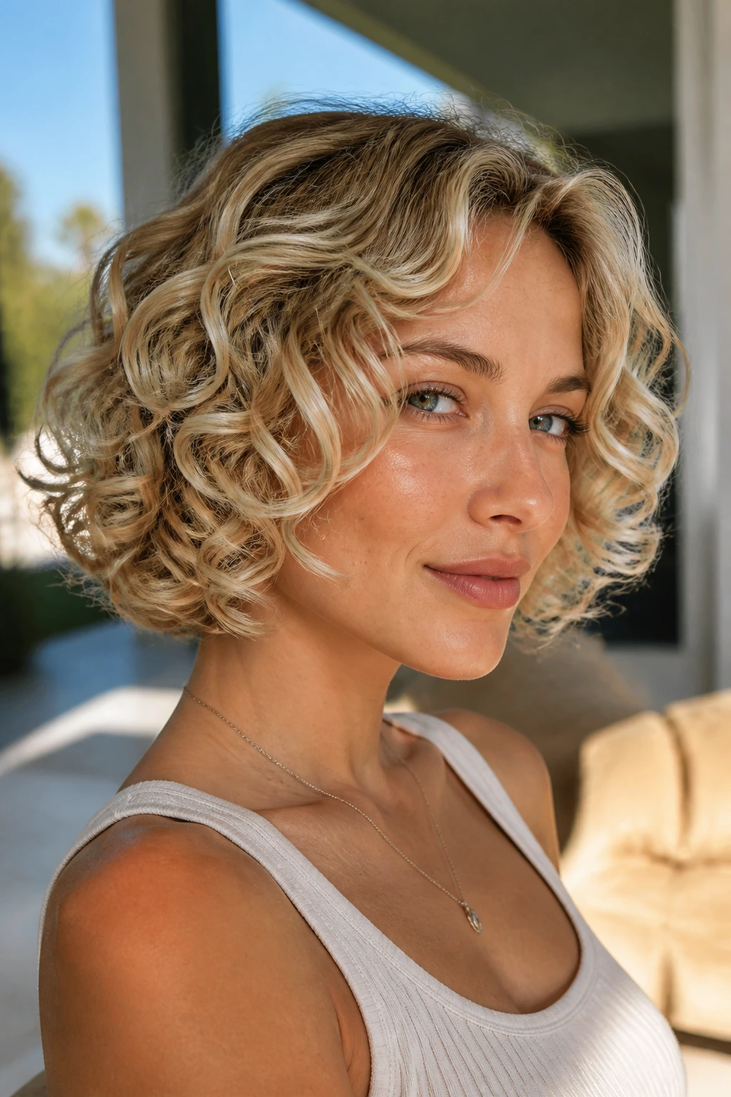 Close-up portrait of a real woman with a sandy blonde bob and defined spiral ends