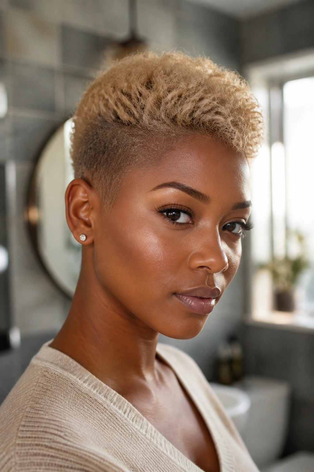 Real person with sandy blonde tapered haircut close-up.
