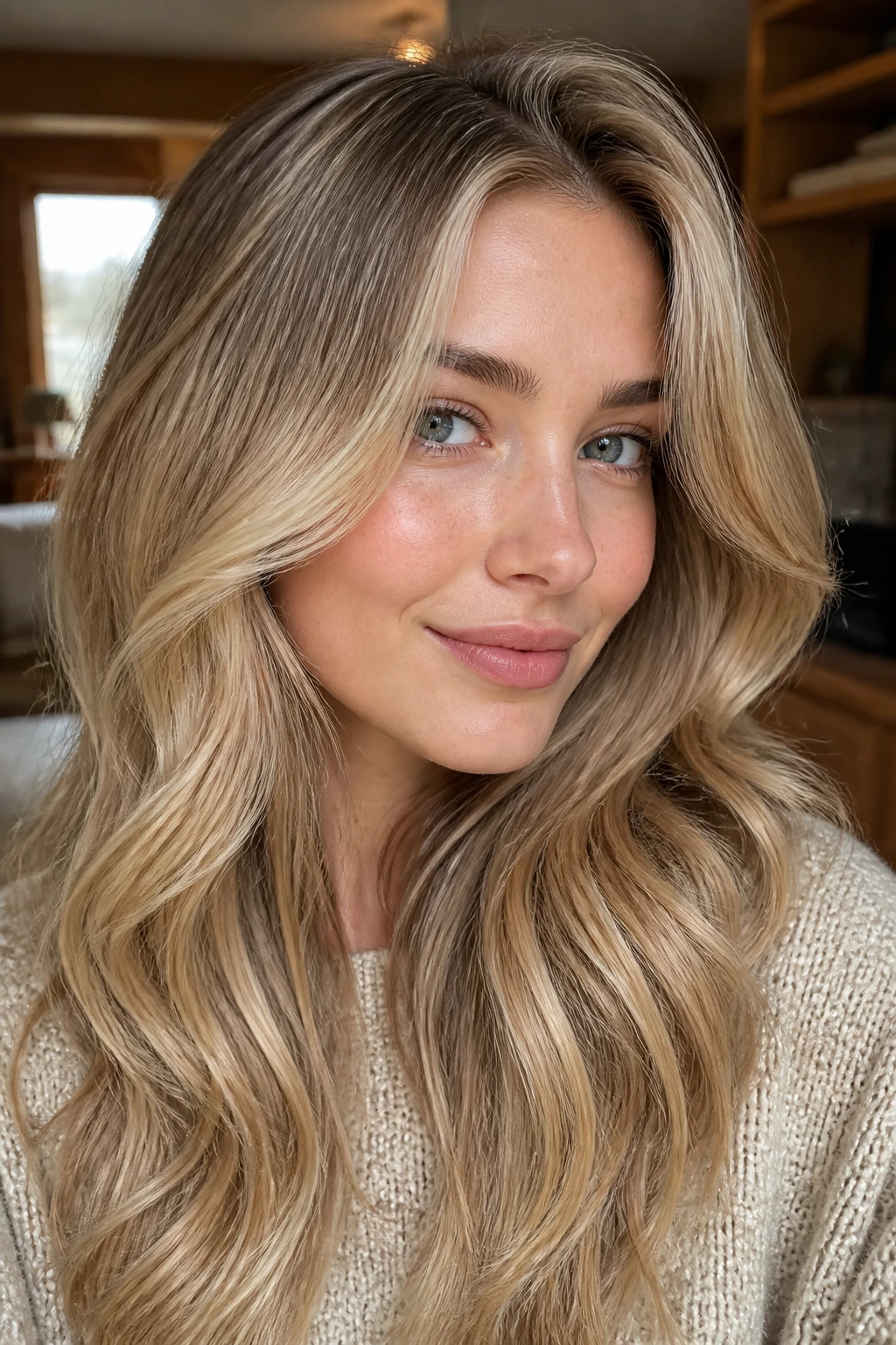 Real woman with multi-tonal sandy blonde hair featuring cool beige drift and honey ribbons.