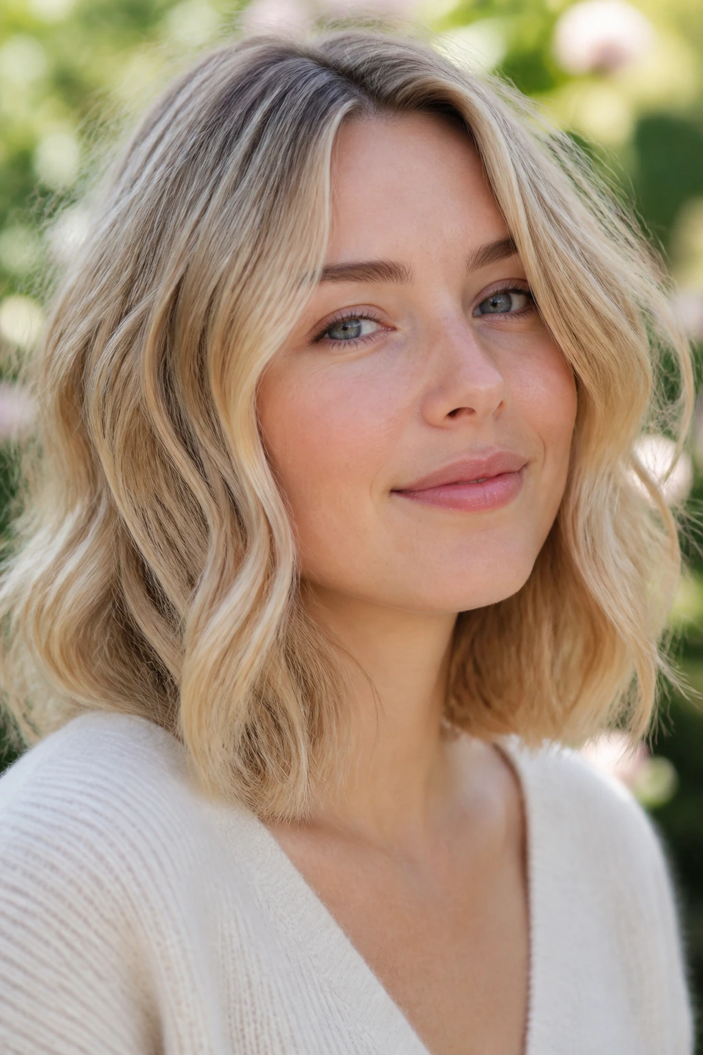 Real woman with sandy blonde shoulder-length waves in natural light