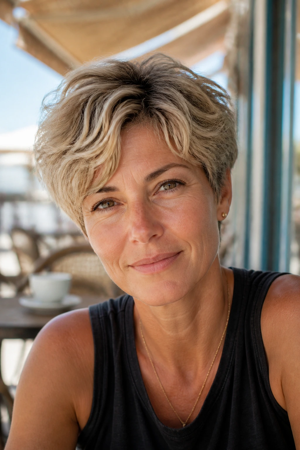 Close-up of real woman with sandy blonde wavy crop on outdoor cafe terrace