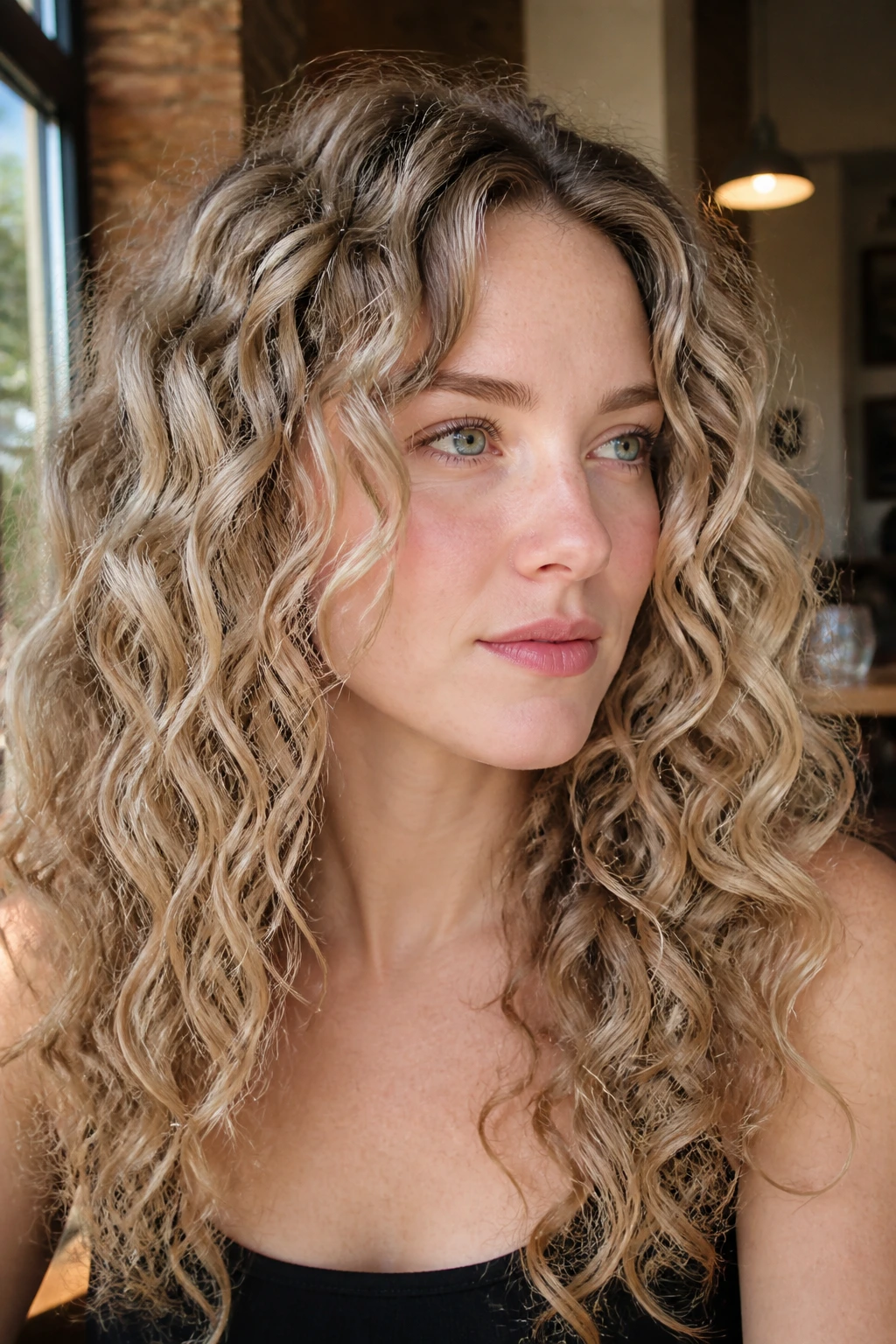Close-up portrait of a real woman with pale skin and sandy blonde weave in curls