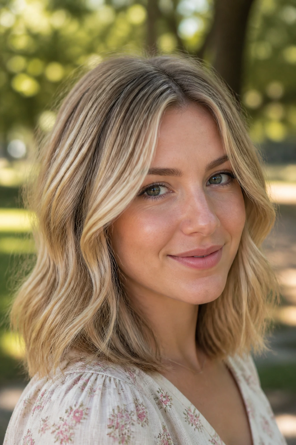 Portrait of a woman with sandy blonde and wheat lowlights.