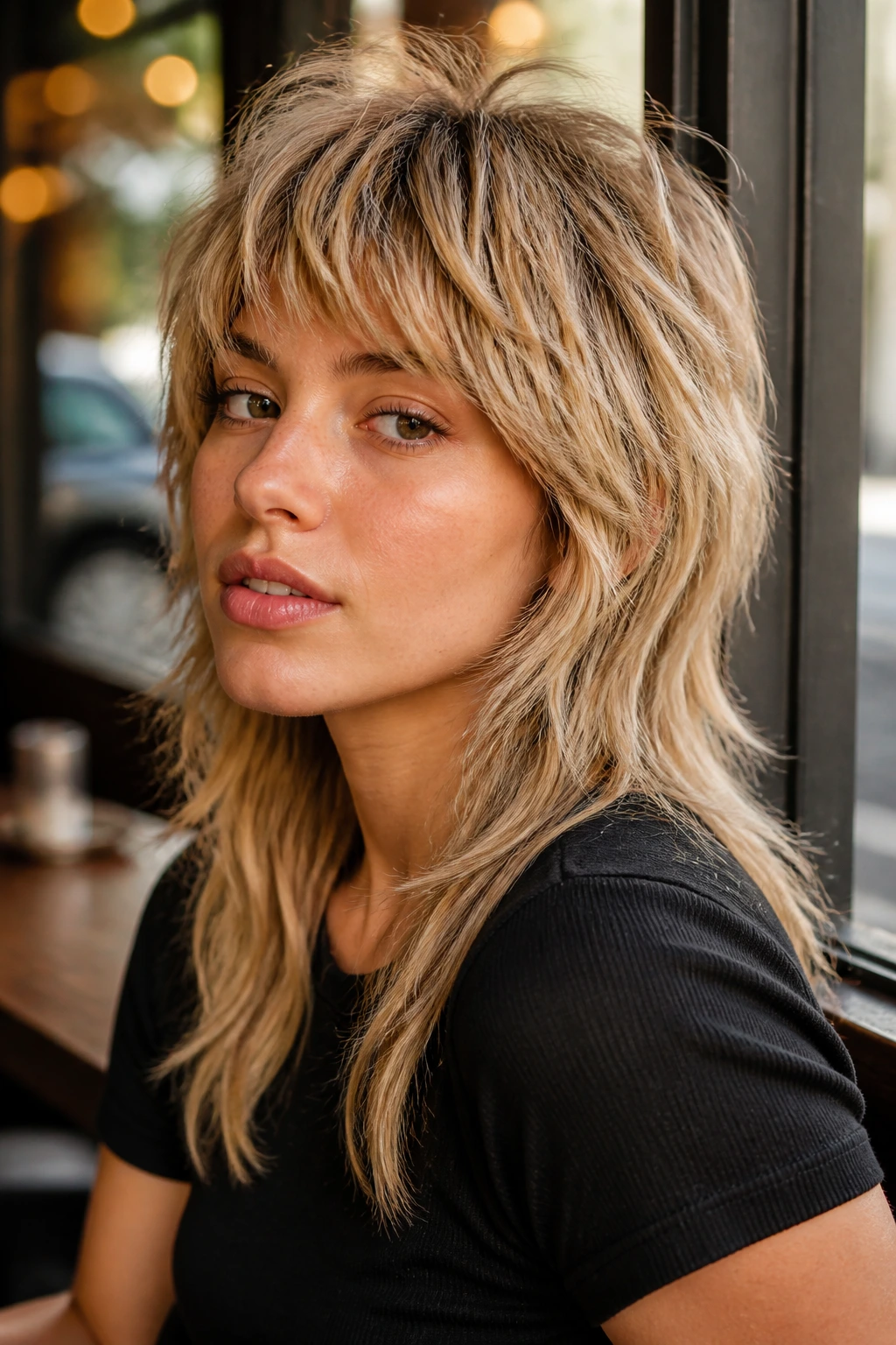 Close-up portrait of a real woman with sandy blonde wolf cut and textured crown layers.
