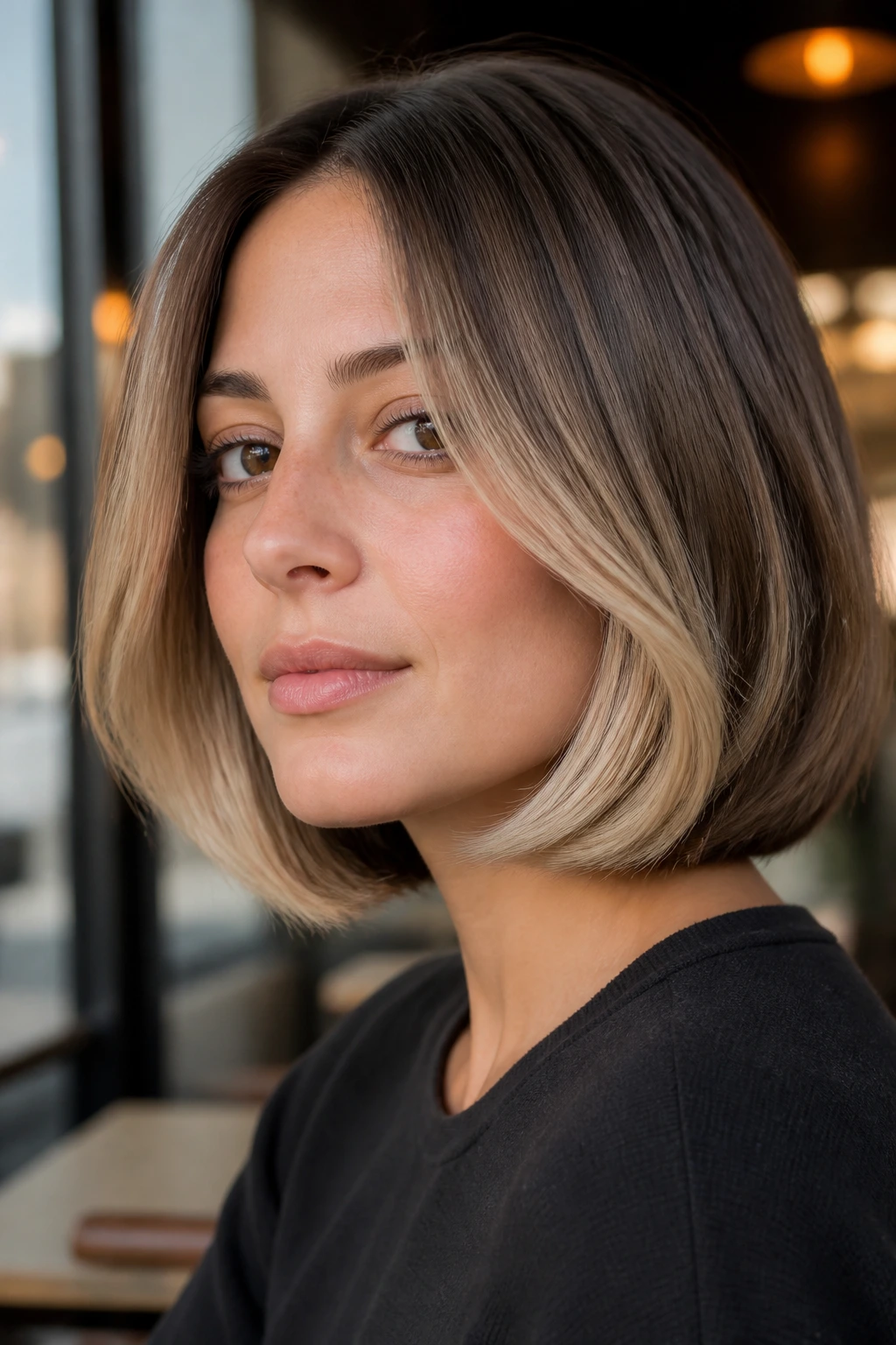 Sandy blonde bob with tucked-under ends on a real person.