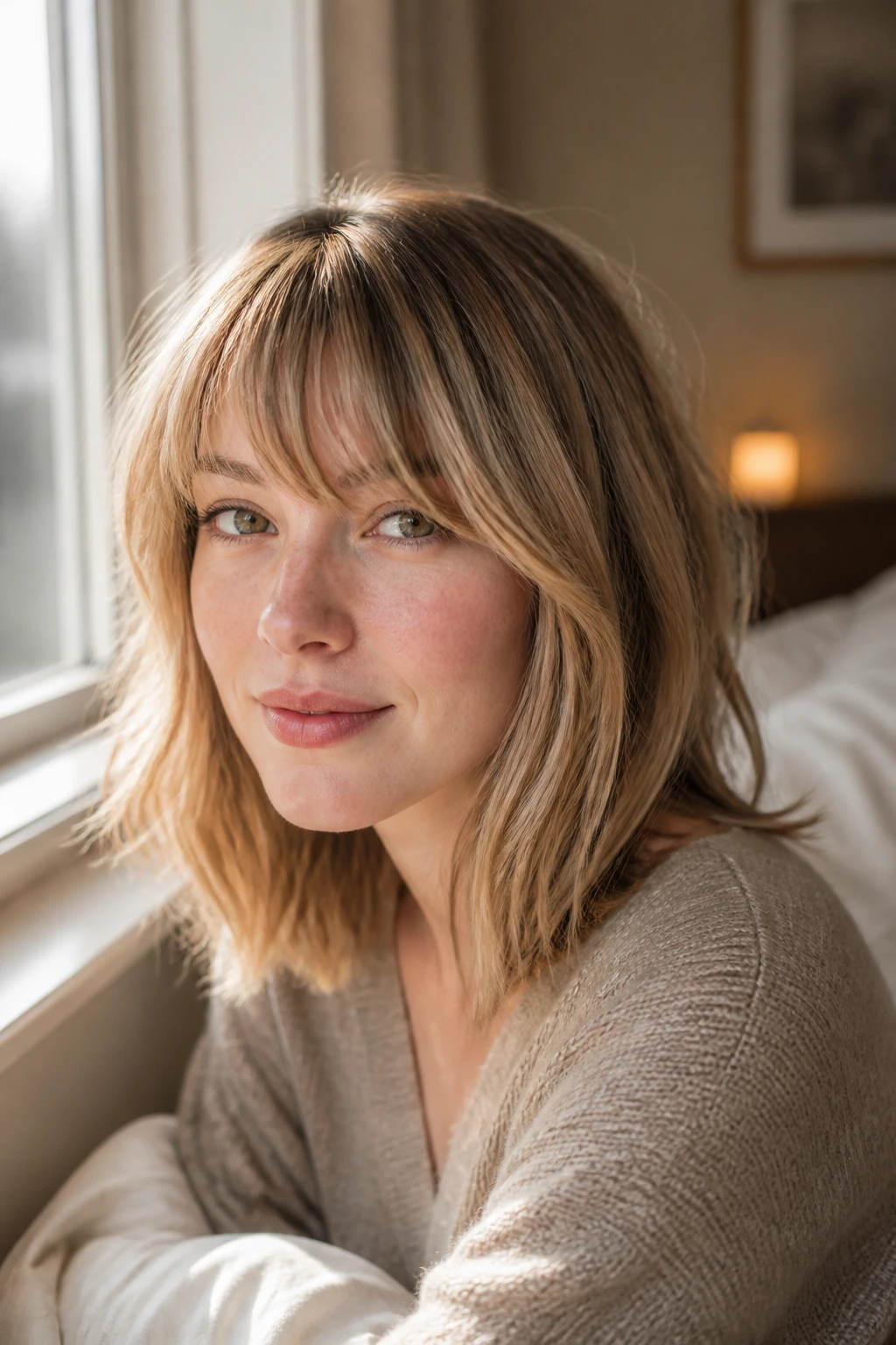 Close-up portrait of a woman with sandy bronde lob and curved fringe in warm window light