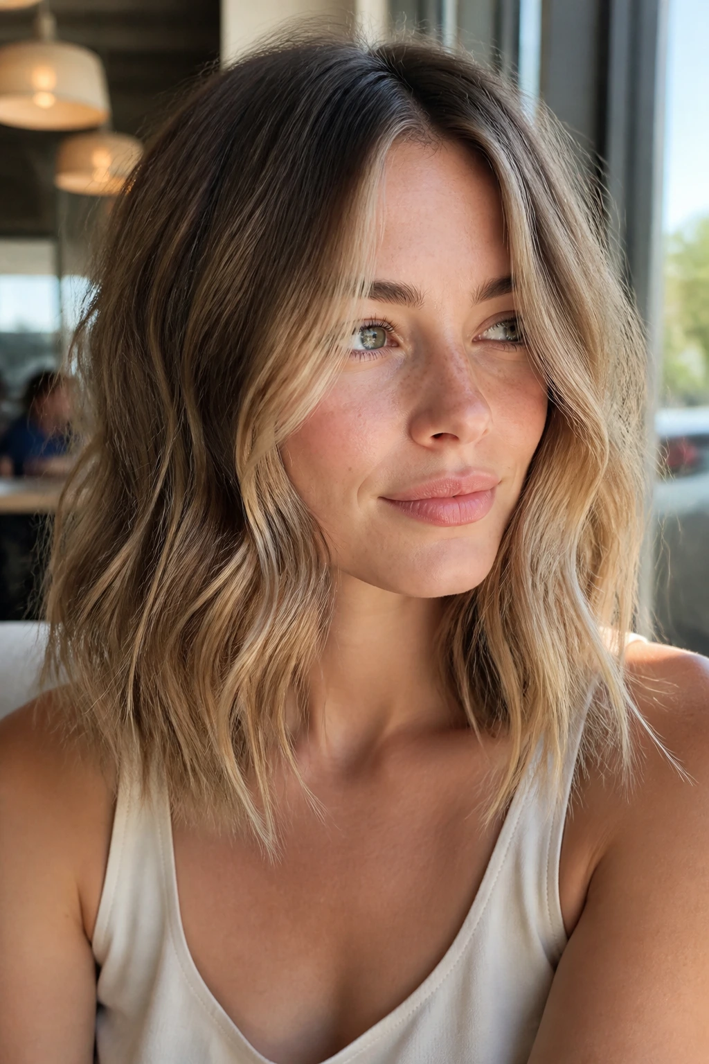 Close-up of a woman with sandy bronde lob in natural light at a cafe window