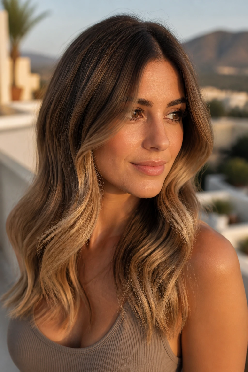 Real woman with sandy bronde hair showing root shadow and feathered ends in warm sunlight