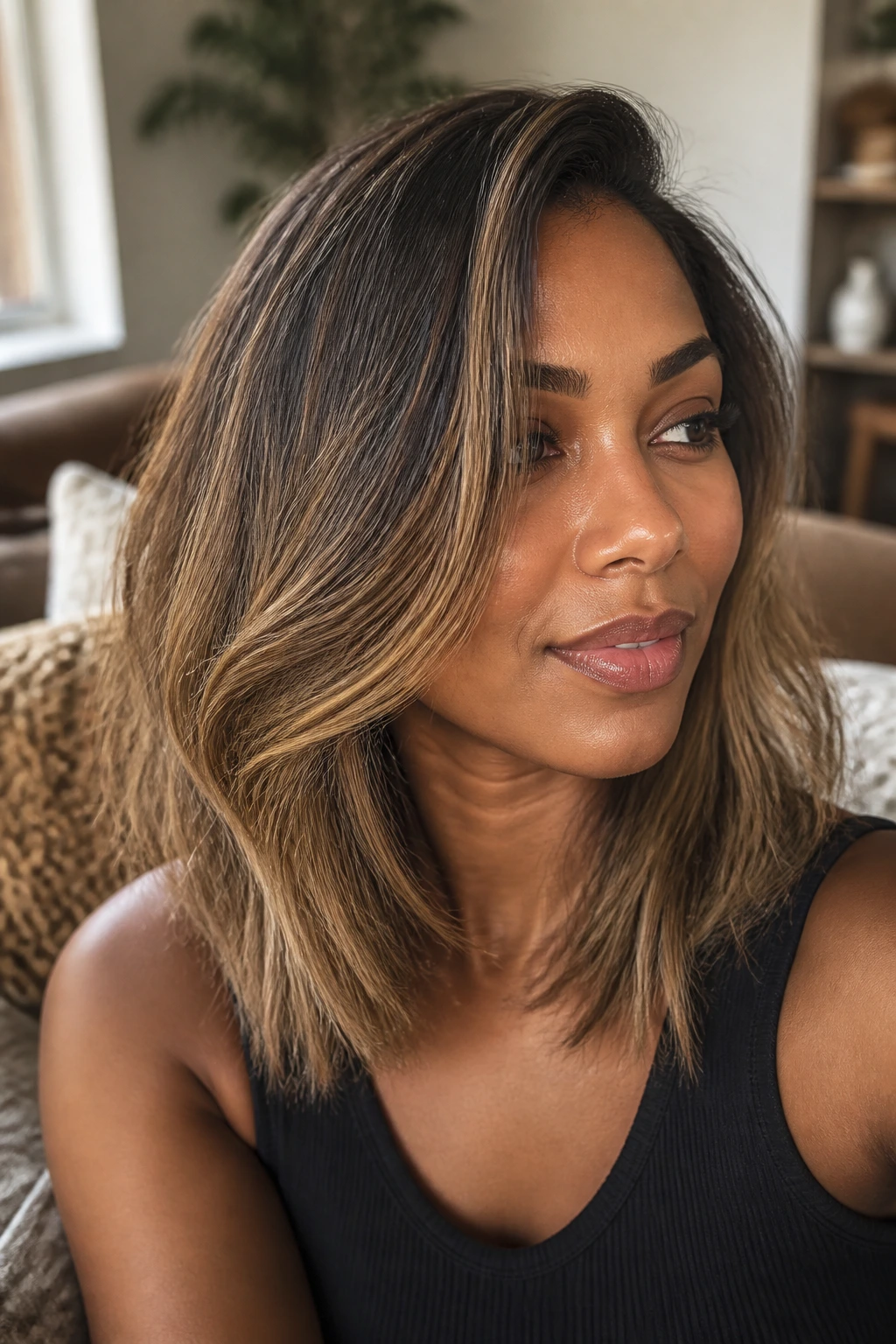 Close-up of sandy bronde highlights on mid-length hair of a real person