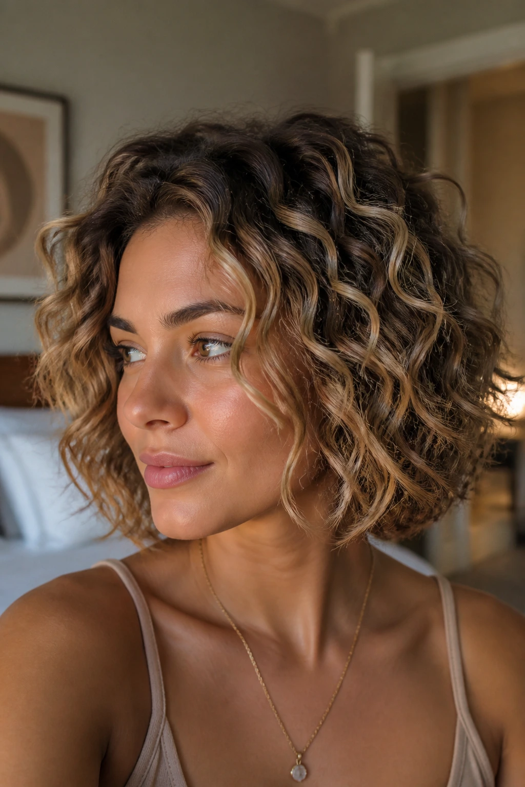 Close-up of sandy bronde melt on short curls of a real woman, natural window light