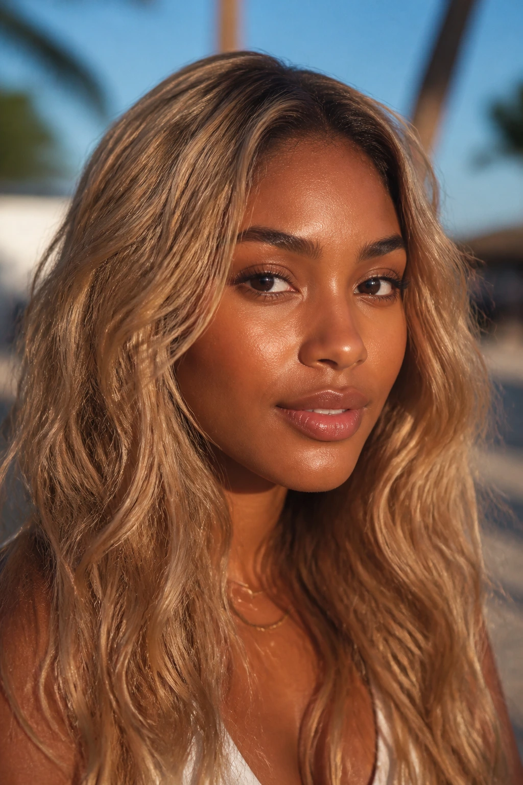 Portrait of a woman with sandy bronze blonde tones on deep skin.