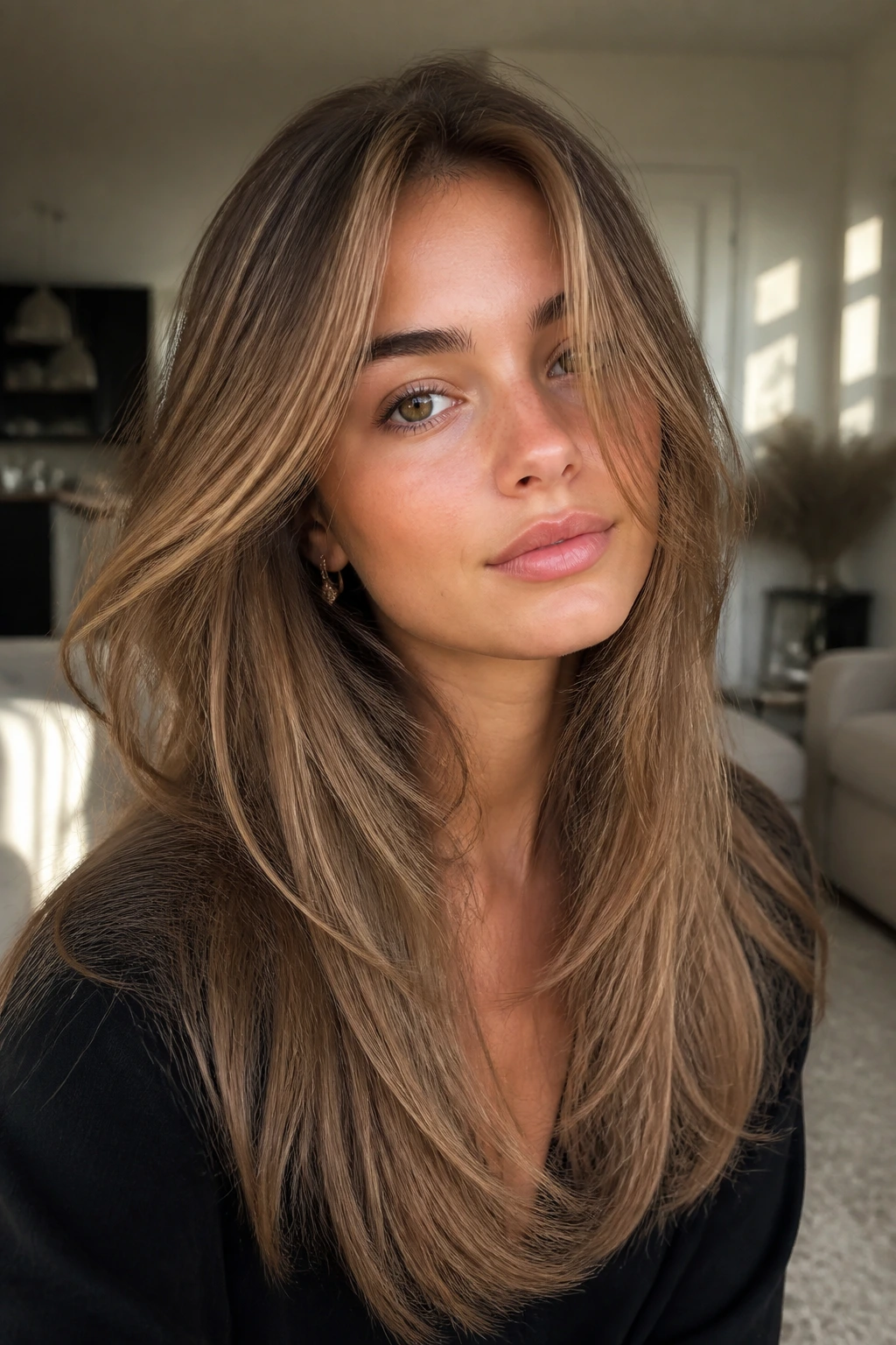 Close-up of a woman with sandy brown long layers framing her face in warm window light