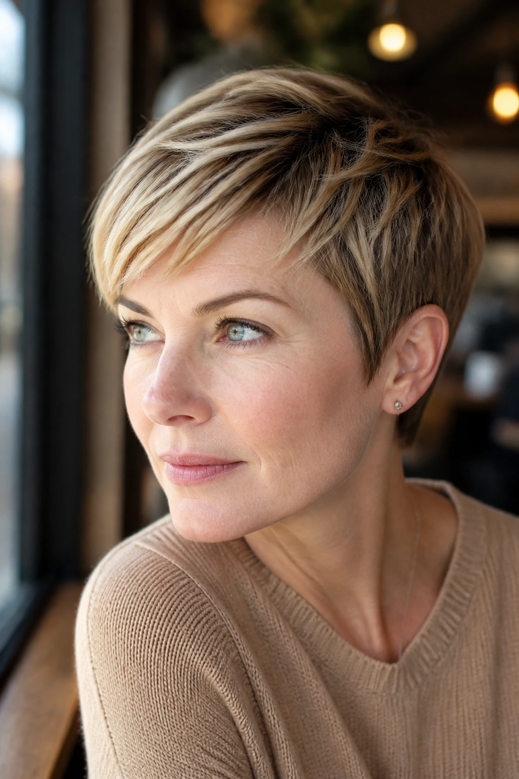 Close-up portrait of a real woman with sandy brown pixie and champagne-toning in warm cafe light