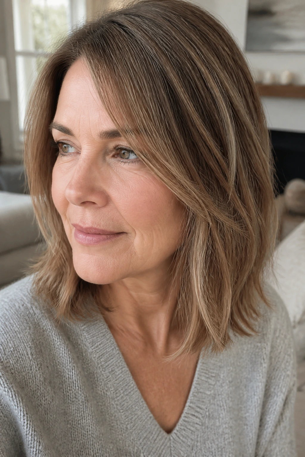 Close-up portrait of a real woman with sandy brown whisper lights in fine hair.