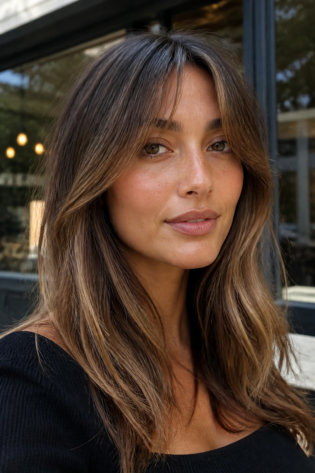 Real woman with sandy brunette hair and curtain bangs outdoors near a cafe