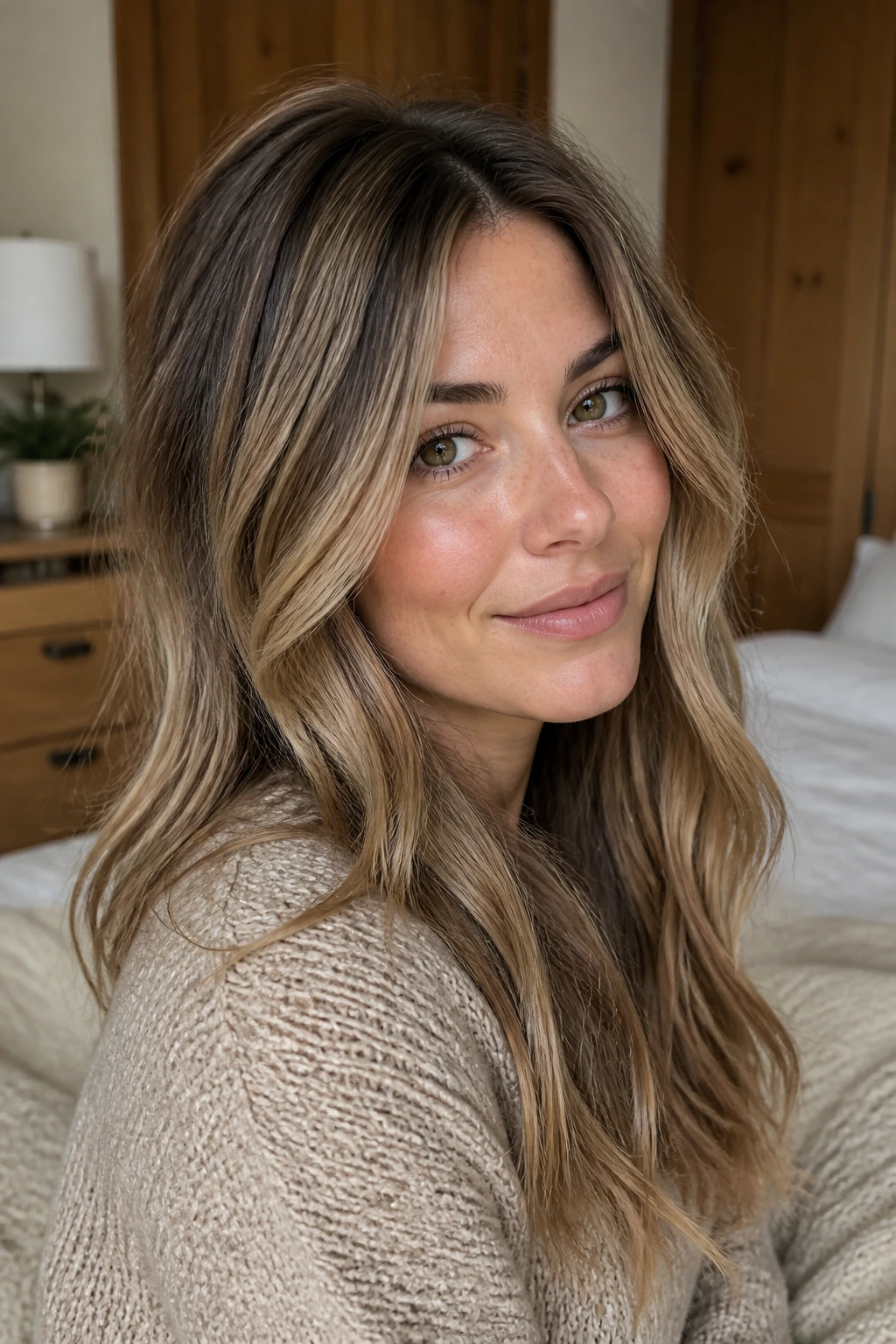 Close-up of a real woman with sandy brunette and root shadow