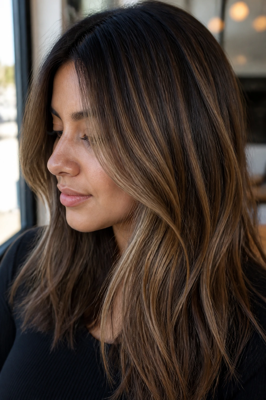 Close-up of hair with sandy caramel babylights on medium brown base.
