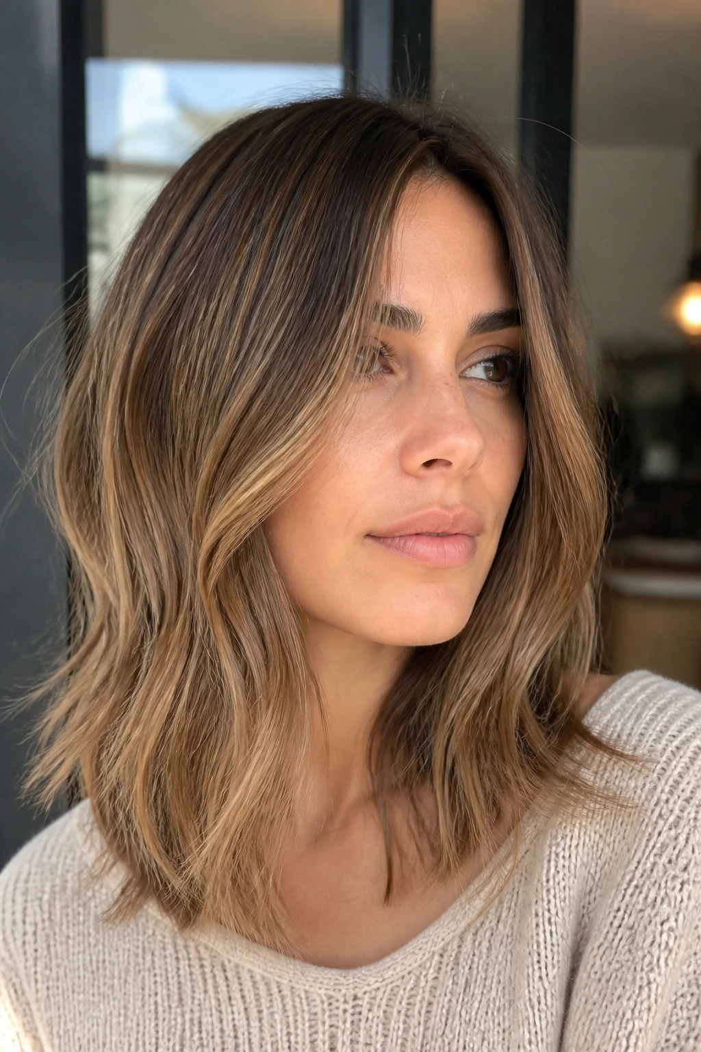Portrait of a real woman with sandy caramel brunette shade