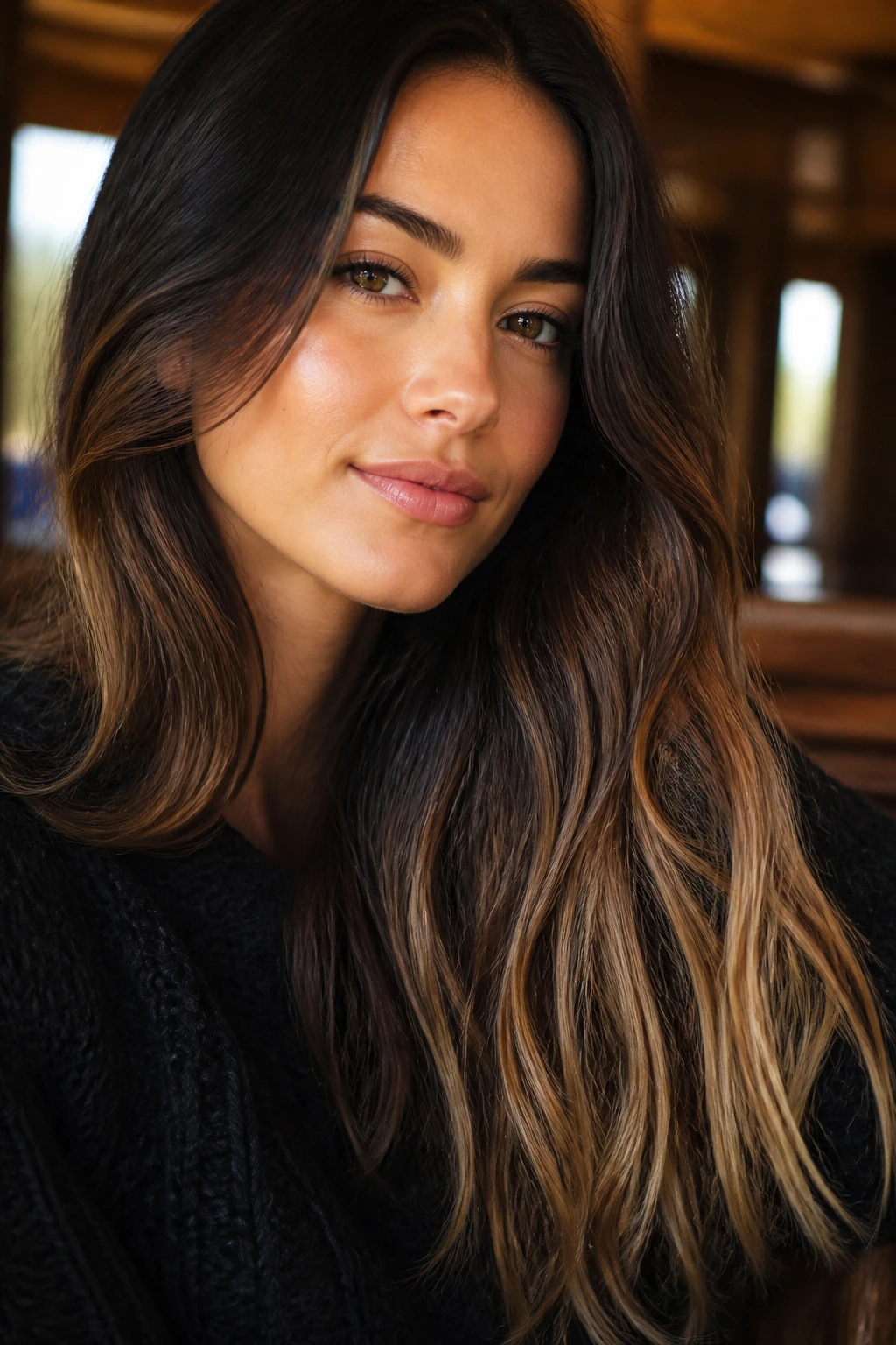 Close-up of real woman with sandy caramel ends in sunlit room