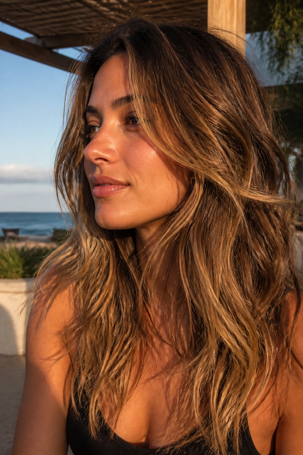 Close-up of layered sandy caramel balayage on air-dried hair outdoors.