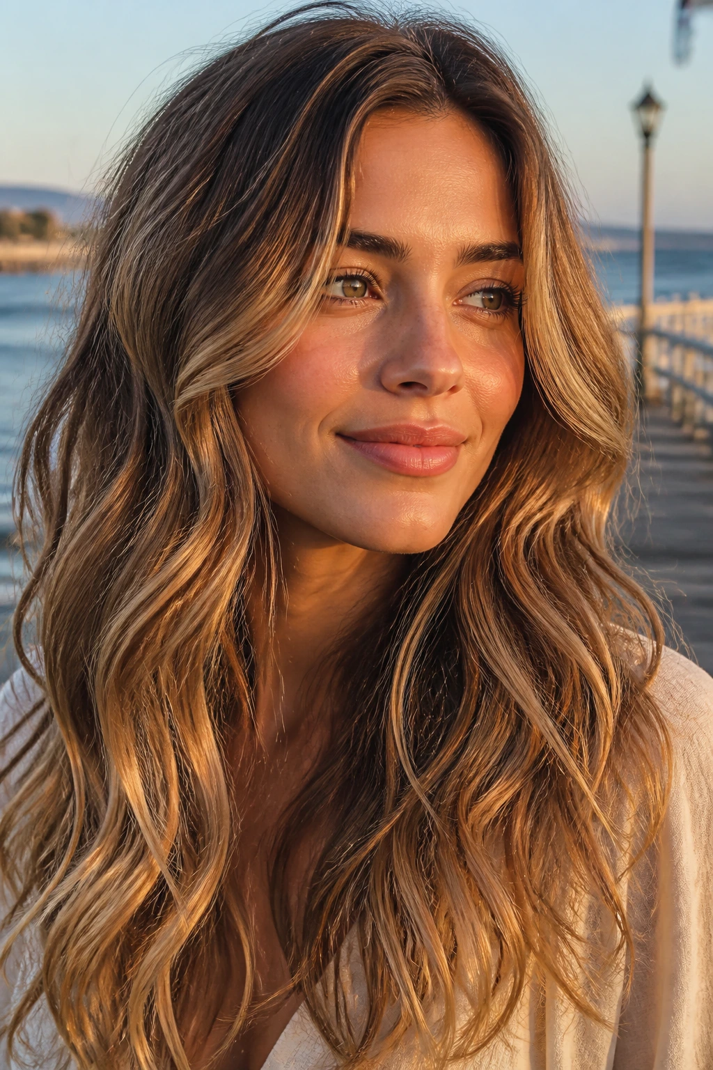 Close-up of brunette with sandy caramel waves in warm golden light.