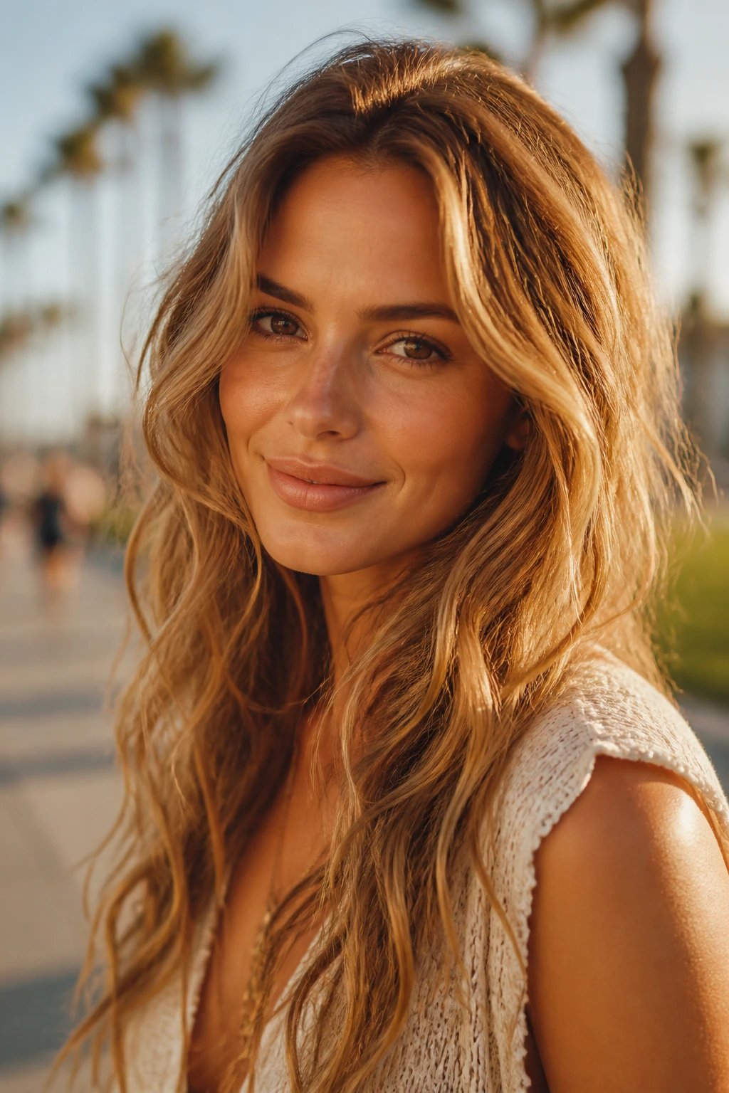 Portrait of a woman with sandy caramel waves in golden hour light