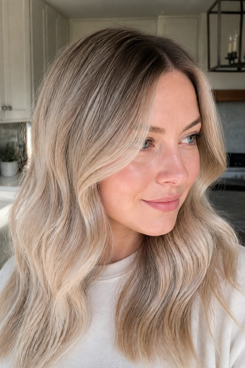 Close-up of real woman with sandy champagne blonde with cool root