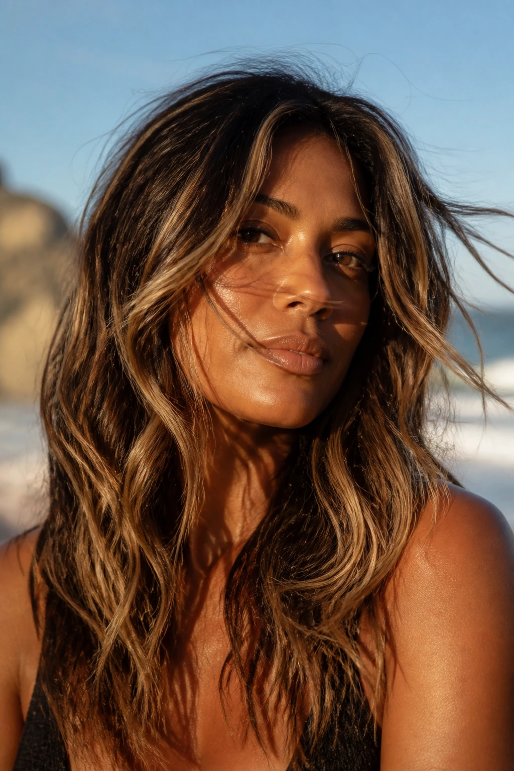 Close-up of a real woman with Sandy Cocoa Waves featuring deep cocoa hair and sandy blonde highlights by the beach