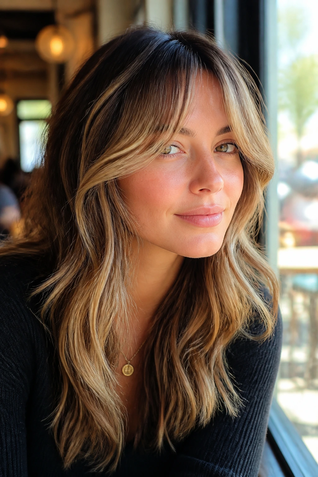 Curtain bangs with sandy highlights on brunette waves