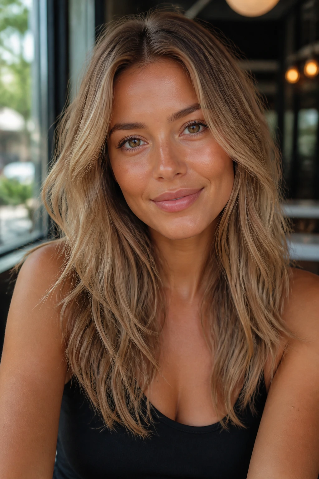 Close-up portrait of a real woman with sandy dark blonde hair by cafe window light.