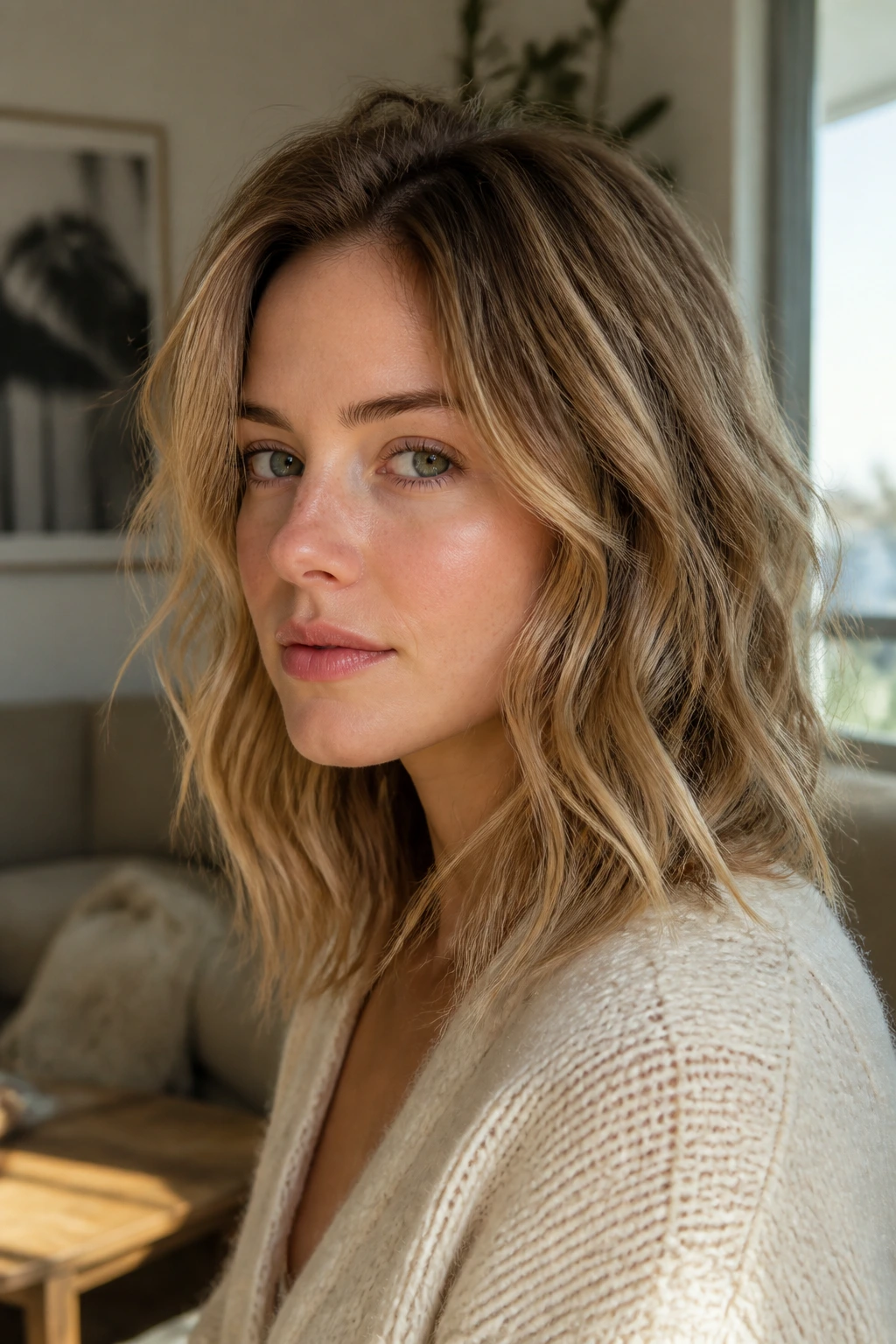Close-up portrait of a real woman with sandy dark blonde waves in natural window light.