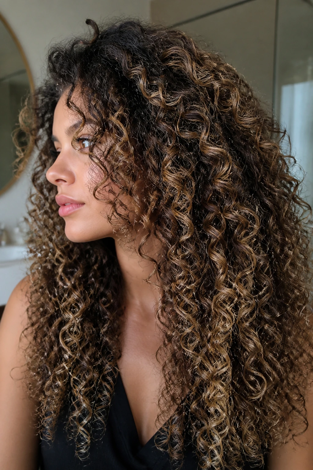 Close-up of sandy foilayage on dense dark curls