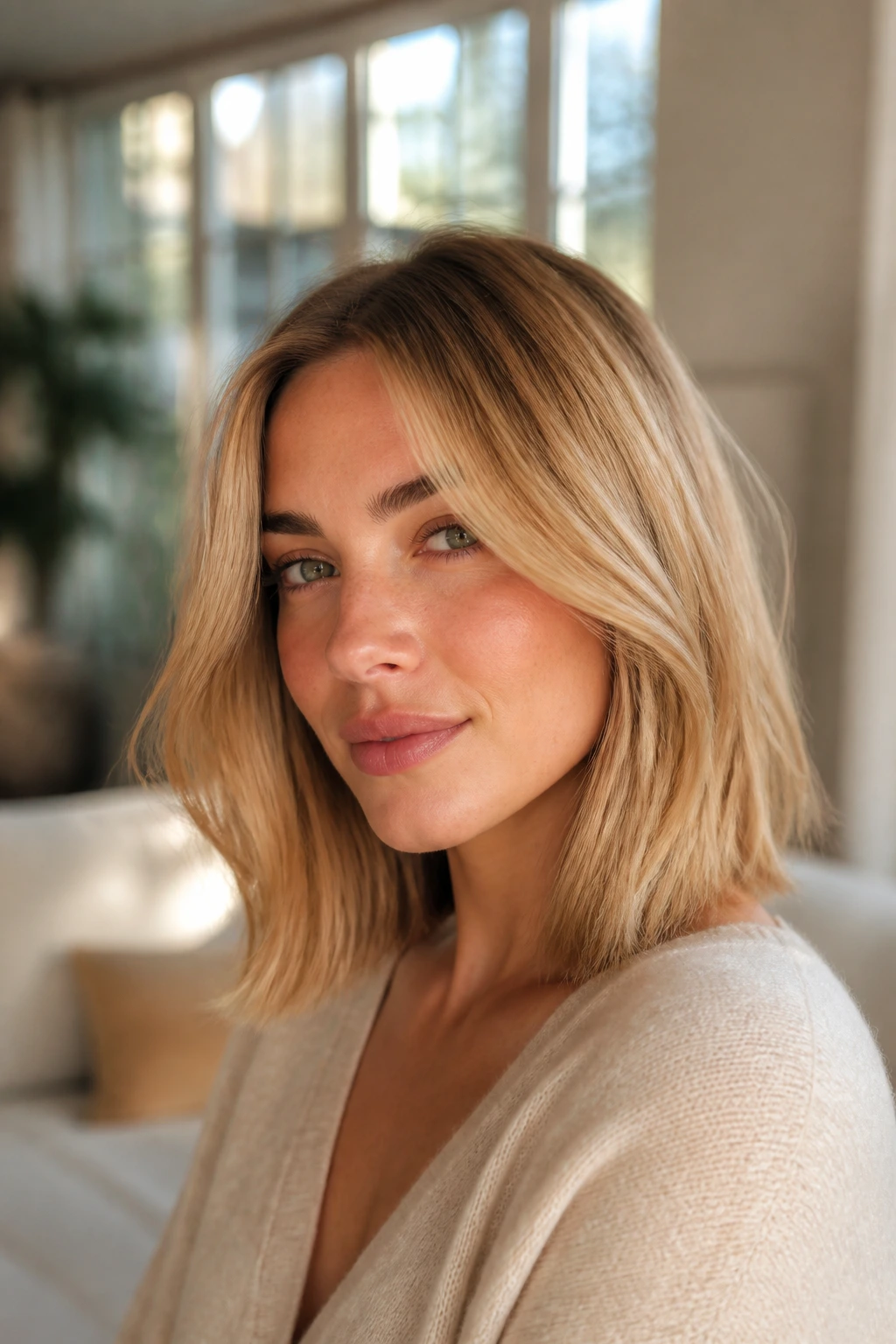 Close-up portrait of a real woman with sandy gold lob under warm window light