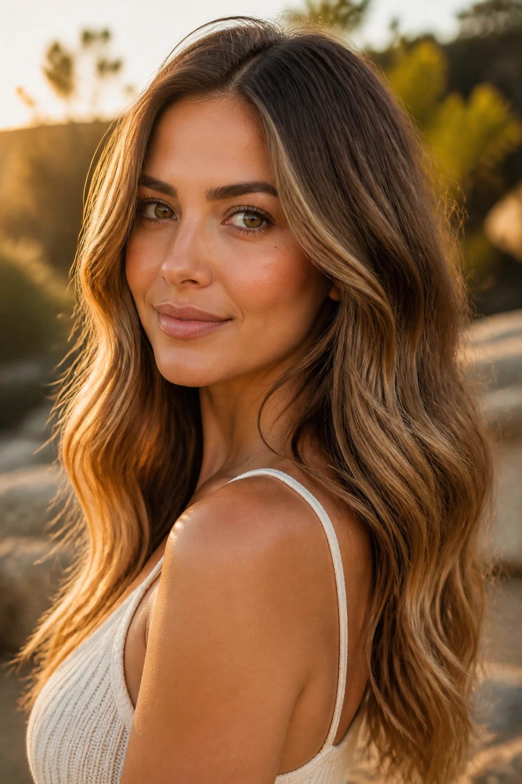 Real person with sandy golden brown balayage for sunlit warmth.