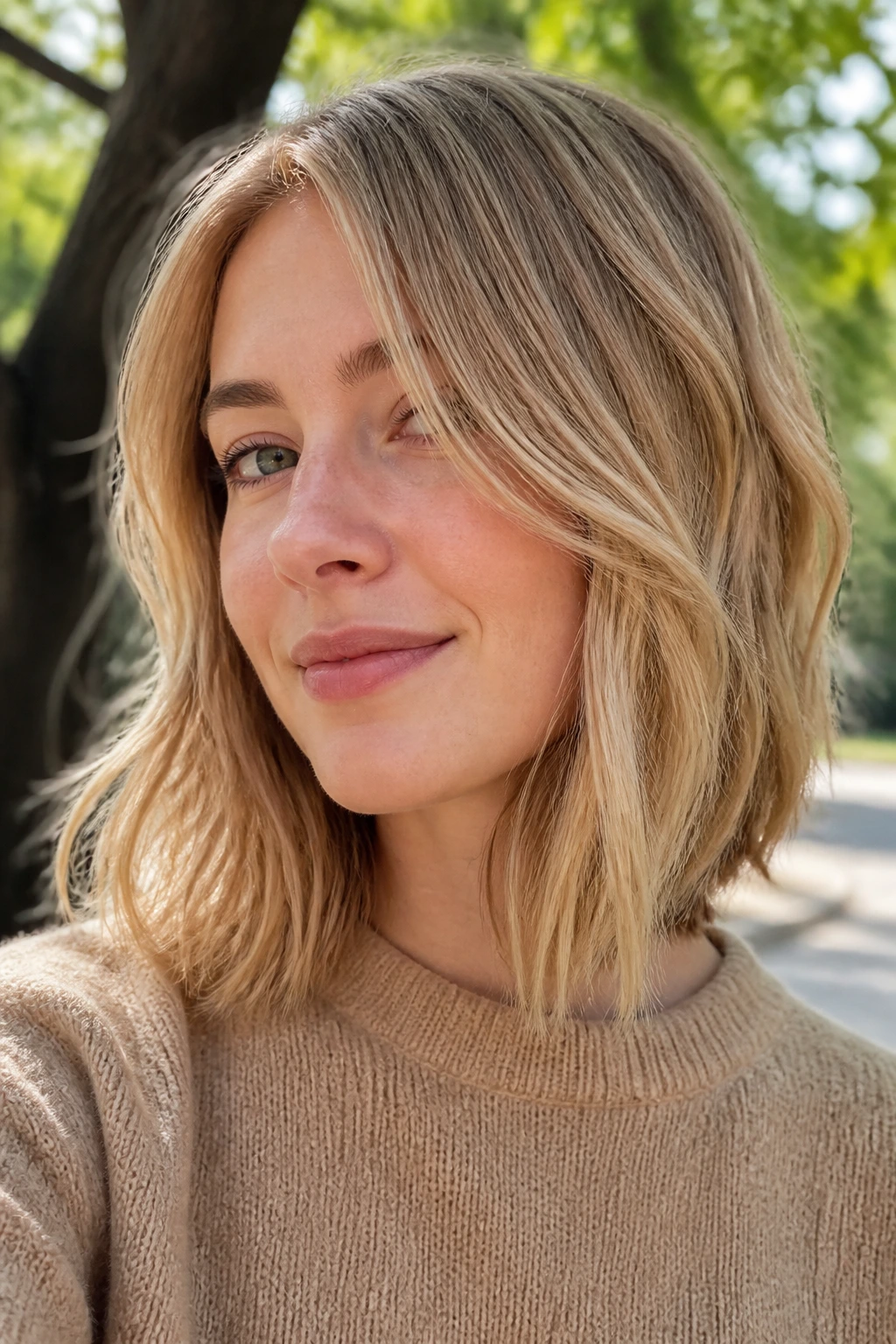 Real person with sandy golden lob hairstyle in natural light