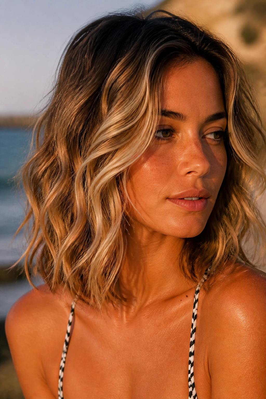 Close-up of a real woman with wavy hair and sandy ribbon highlights framing the jaw on tan skin