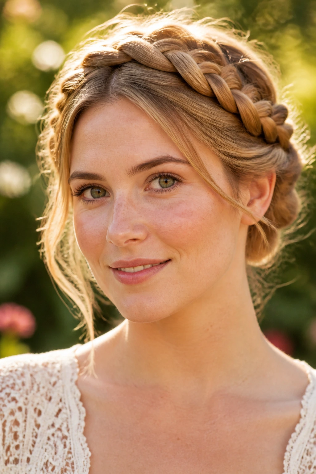 Portrait of a real woman with a braided crown in sandy-honey blonde
