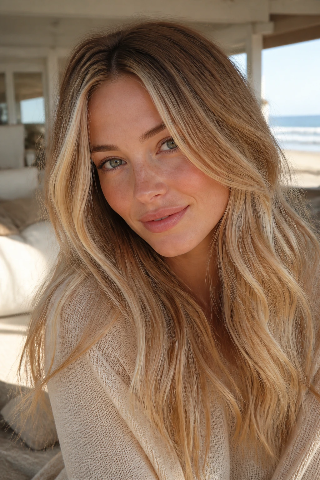 Close-up portrait of a real woman with sandy honey blonde hair, beige base and honey ribbons