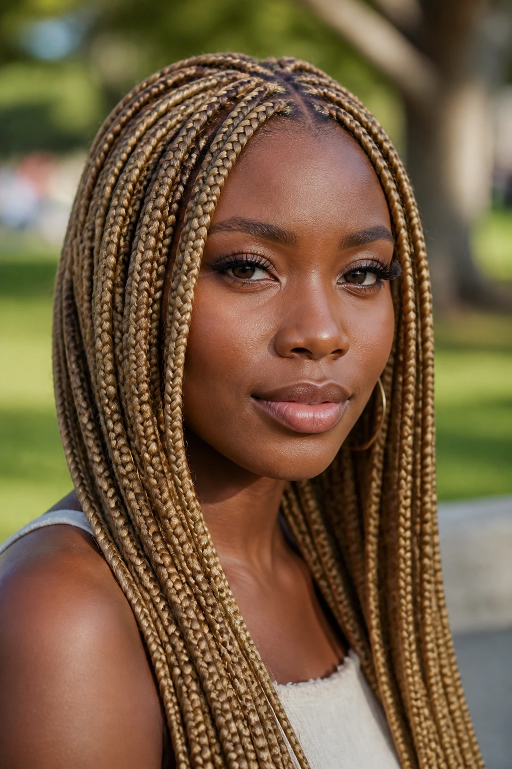Close-up portrait of a real woman with sandy honey blonde box braids.