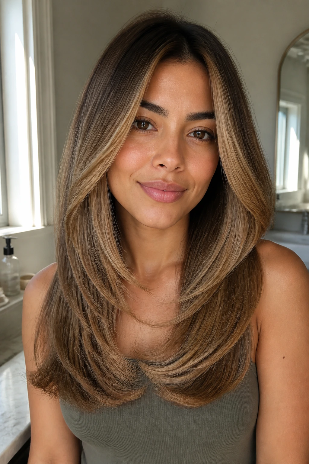 Close-up of a real person with sandy honey hair and a rounded U-cut.