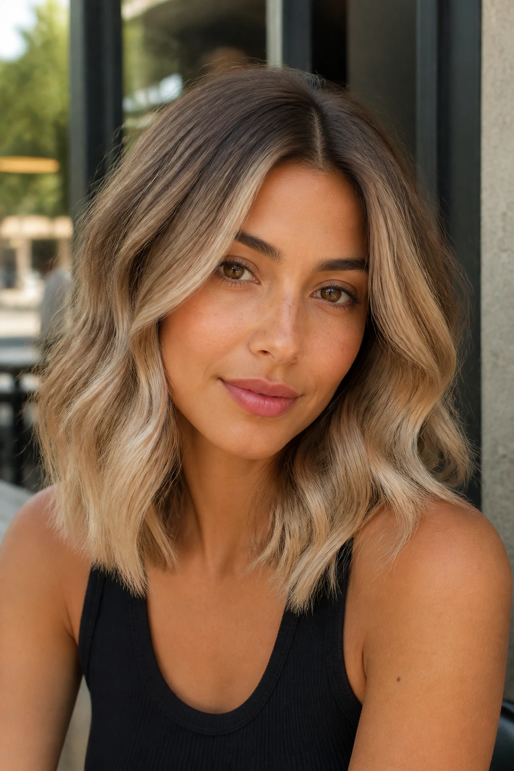 Close-up of sandy honey waves with cool-beige ends on olive-skinned woman under natural light