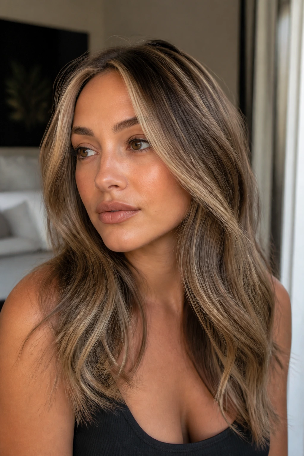 Close-up of front money piece with raked-through lowlights on brunette hair