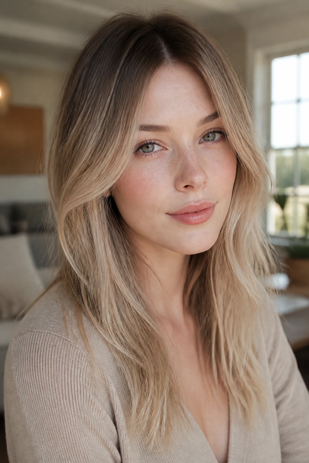 Close-up of a woman with barely-there sandy ombre hair and soft beige tones